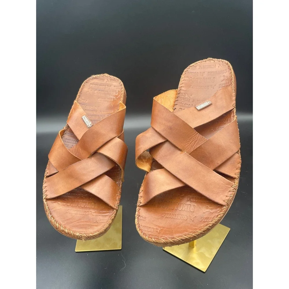 Pikolinos Tarifa Leather Slide Sandals Brown Criss Cross Men's EU 44 US 11
